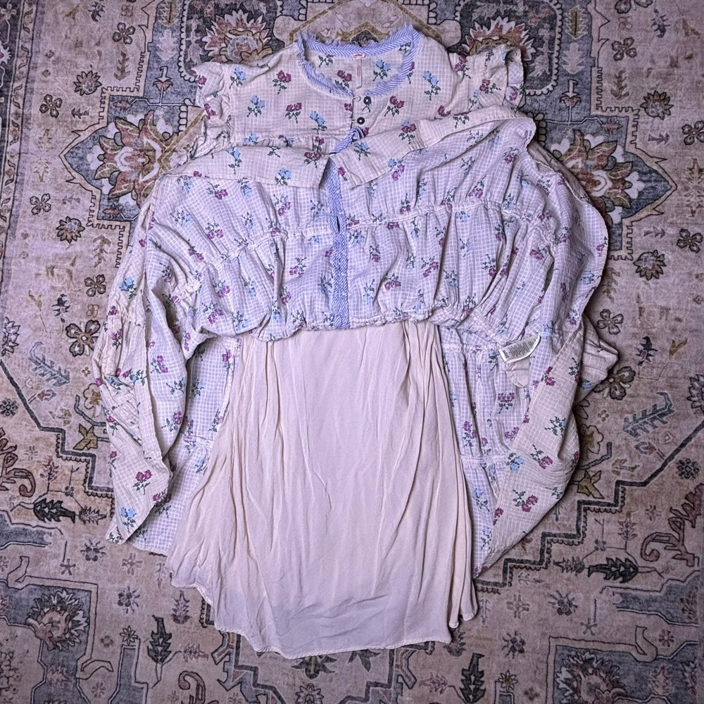 Free People Floral Cross Stitch Tiered Mini Dress Cream Boho Medium Cottage Core - Picture 4 of 16